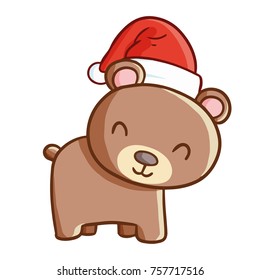 Cute and funny baby bear wearing Santa's hat for Christmas and smiling - vector.