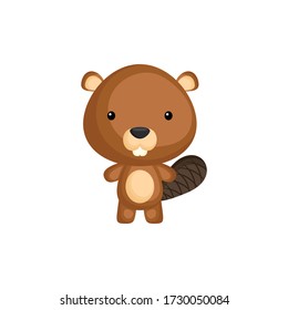 Cute funny baby beaver isolated on white background. Woodland adorable animal character for design of album, scrapbook, card and invitation. Flat cartoon colorful vector illustration.