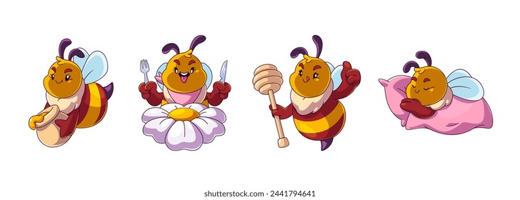 Cute and funny baby bee character set with honey. Happy mascot bug with flower. Isolated bumblebee emotion expression comic icon. Small flying insect laughing and having yummy lunch or sleep on pillow