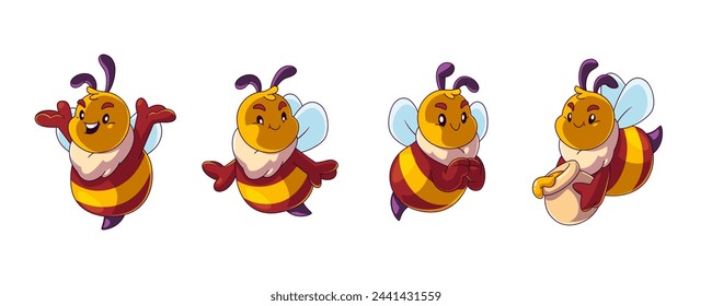 Conjunto de vector de dibujos animados de abeja bebé lindo y divertido. Personaje animal feliz para el dibujo aislado del libro del niño. Insecto de granja que tiene activos de miel. Abejorro ocupado con picadura emoción expresión ilustración