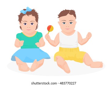 Cute funny baby boy and girl sitting together. Vector illustration.