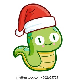 Cute and funny baby caterpillar wearing Santa's hat for Christmas and smiling - vector.
