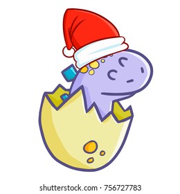 Cute and funny baby dinosaur wearing Santa's hat and smiling - vector.