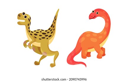 Cute funny baby dinosaurs set. Brontosaurus and tyrannosaurus rex vector illustration