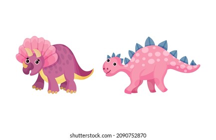 Cute funny baby dinosaurs set. Pinl triceratops and stegosaurus vector illustration