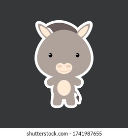 Cute funny baby donkey sticker. Domestic adorable animal character for design of album, scrapbook, card, poster, invitation. Flat cartoon colorful vector illustration.