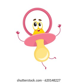 Cute and funny baby dummy, pacifier character with human face, excited expression, cartoon vector illustration isolated on white background. Baby pacifier, dummy character, mascot, child care concept