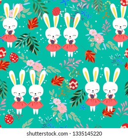 Cute and funny baby Easter rabbit in the flower floral frame seamless pattern,illustration vector by freehand doodle comic art for card or backdrop background