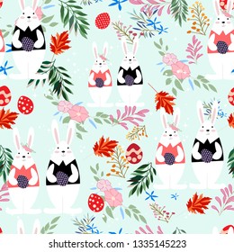 Cute and funny baby Easter rabbit in the flower floral frame seamless pattern,illustration vector by freehand doodle comic art for card or backdrop background