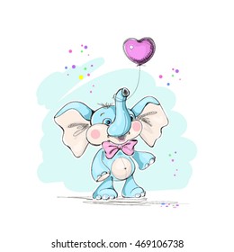 Cute and funny baby elephant and a balloon in the shape of a heart. Vector illustration.