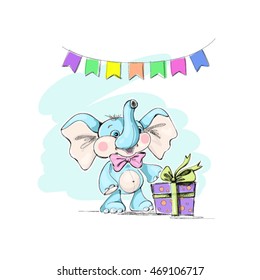Cute and funny baby elephant, a box with a gift and a garland of flags. Vector illustration.