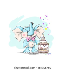 Cute and funny baby elephant and a cake for the holiday. Vector illustration.