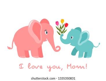 Cute funny baby elephant gives a heart bouquet of tulips flowers. greeting card. Mother's Day holiday concept. flat vector illustration isolated on white background