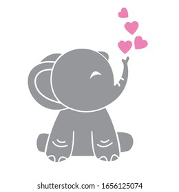 Cute and funny baby elephant with hearts. Vector Illustration