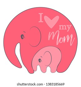 Cute funny baby elephant and mother. greeting card. Mother's Day holiday concept.