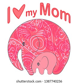 Cute funny baby elephant and mother. greeting card. Mother's Day holiday concept.