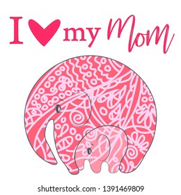 Cute funny baby elephant and mother. greeting card. Mother's Day holiday concept.