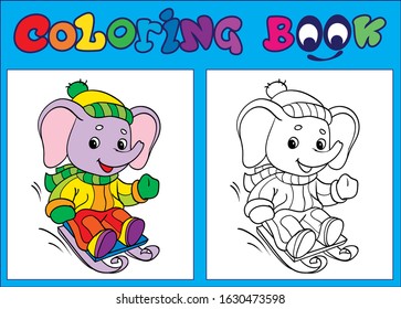 Cute funny baby elephant sledging coloring