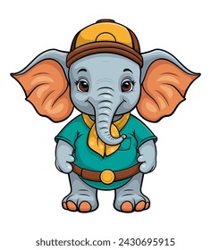 A cute funny baby elephant in a t-shirt with a cap on his head is standing with his ears spread. Vector isolated illustration on white background