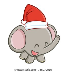 Cute and funny baby elephant wearing Santa's hat and smiling - vector