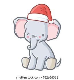Cute and funny baby elephant wearing Santa's hat for Christmas sitting and smiling - vector.