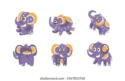 Cute Funny Baby Elephants Collection, Adorable Purple Animal in Different Poses Cartoon Vector Illustration