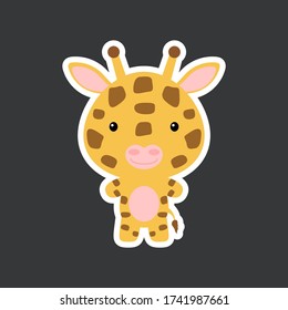 Cute funny baby giraffe sticker. African adorable animal character for design of album, scrapbook, card, poster, invitation. Flat cartoon colorful vector illustration.