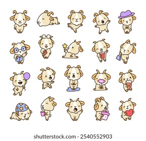 Cute and funny baby goat cartoon character bundle for kids with kawaii animal illustrations and adorable mascot designs