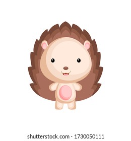 Cute funny baby hedgehog isolated on white background. Woodland adorable animal character for design of album, scrapbook, card and invitation. Flat cartoon colorful vector illustration.