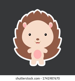 Cute funny baby hedgehog sticker. Woodland adorable animal character for design of album, scrapbook, card, poster, invitation. Flat cartoon colorful vector illustration.