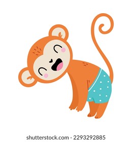 Cute funny baby monkey doing fitness. Adorable animal practicing yoga exercise cartoon vector illustration