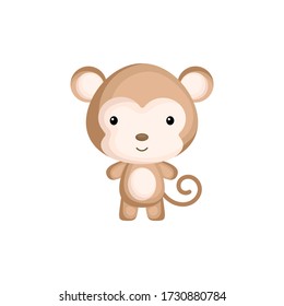 Cute funny baby monkey isolated on white background. Wild african adorable animal character for design of album, scrapbook, card and invitation. Flat cartoon colorful vector illustration.