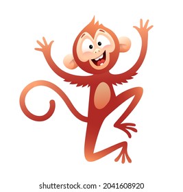 Cute and funny baby monkey playing and jumping, happy chimp character illustration for kids. Vector animal cartoon for children.