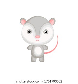 Cute funny baby opossum isolated on white background. Adorable animal character for design of album, scrapbook, card and invitation. Fun zoo. Flat cartoon colorful vector illustration.