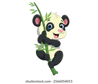 Cute funny baby panda hanging on a bamboo vector illustration