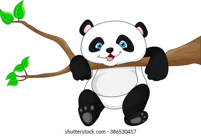 Cute funny baby panda hanging on the tree