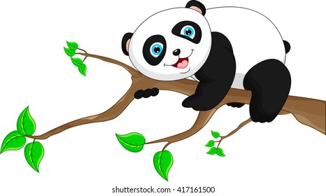 Cute funny baby panda hanging on the tree