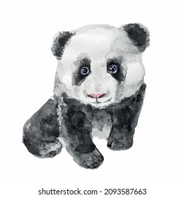 Cute and funny baby Panda - isolated drawing on white background. Watercolor painting, vector illustration