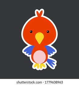 Cute funny baby parrot sticker. Adorable bird character for design of album, scrapbook, card, poster, invitation. Flat cartoon colorful vector stock illustration.
