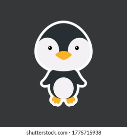 Cute funny baby penguin sticker. Arctic adorable bird character for design of album, scrapbook, card, poster, invitation. Flat cartoon colorful vector stock illustration.