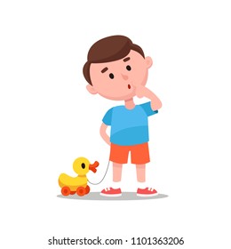 Cute Funny Baby With a Pensive Expression on His Face. Puzzled Child With Duck Toy on Wheels. Cartoon Style Vector Illustration