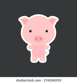 Cute funny baby pig sticker. Domestic adorable animal character for design of album, scrapbook, card, poster, invitation. Flat cartoon colorful vector illustration.