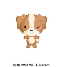 Cute funny baby puppy isolated on white background. Domestic adorable animal character for design of album, scrapbook, card and invitation. Flat cartoon colorful vector illustration.