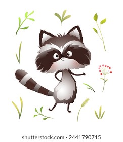 Lindo mapache bebé divertido, pequeño personaje animal para los niños. Mapache sonriente adorable ilustrado que posa para los niños. Vector aislado animal clipart para niños en estilo acuarela.