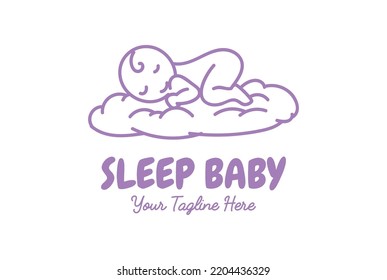 Cute Funny Baby Sleep on Cloud Logo Design Vector