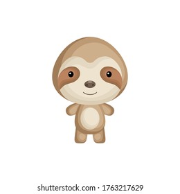 Cute funny baby sloth isolated on white background. Adorable animal character for design of album, scrapbook, card and invitation. Fun zoo. Flat cartoon colorful vector illustration.