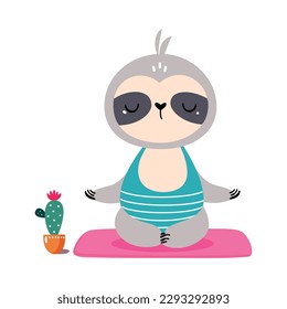 Cute funny baby sloth meditating in lotus yoga pose and relaxing cartoon vector illustration