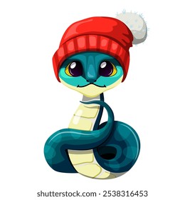 Cute, funny baby snake in Santa hat on white background. Chinese New Year 2025 symbol. Vector cartoon character illustration