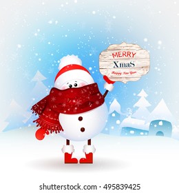 Cute, funny, baby Snowman holds banner Merry Christmas and happy new year in Christmas snow scene. Design template for flyer, banner, invitation, congratulation, poster design. Vector illustration. 