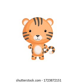 Cute funny baby tiger isolated on white background. Jungle adorable animal character for design of album, scrapbook, card and invitation. Flat cartoon colorful vector illustration.